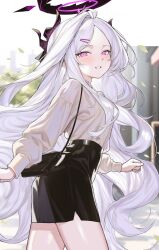  1girl absurdres ahoge bag black_halo black_horns black_skirt blue_archive blurry blurry_background blush commentary cowboy_shot dating demon_girl demon_horns english_commentary hair_ornament hairclip halo handbag happy high-waist_skirt highres hina_(blue_archive) horns layer_(shinobu) leaf long_hair looking_at_viewer looking_back missing_wings multiple_horns outdoors parallel_hairclips parted_bangs pencil_skirt purple_halo shirt single_hair_intake skirt smile solo very_long_hair violet_eyes white_hair white_shirt 