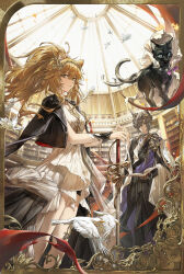  1boy 1girl absurdres animal_ears arknights bird black_cat black_jacket blonde_hair book bookshelf border brown_hair cat cat_boy cat_ears chinese_commentary closed_mouth commentary_request dress gradient_clothes gradient_dress hair_between_eyes hair_over_one_eye hands_on_hilt high-low_dress highres holding holding_book indoors jacket jacket_on_shoulders laurel_crown lion_ears lion_girl long_hair looking_at_viewer miss_christine_(arknights) multiple_tails nekomata open_book ornate_border phantom_(arknights) shaokao_lajitong short_hair siege_(arknights) sword tail tragodia_(arknights) two_tails vina_victoria_(arknights) vina_victoria_(glorious_path)_(arknights) weapon white_bird white_dress yellow_eyes 