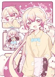  1girl animal_print blue_skirt closed_eyes cloud_print commentary highres holding holding_pillow long_hair magical_girl mahou_shoujo_ikusei_keikaku mahou_shoujo_ikusei_keikaku_unmarked multicolored_hair nemurin one_eye_closed open_mouth pajamas pillow pink_hair rabbit_print skirt sleepy smile starletleaf untranslatable_commentary 