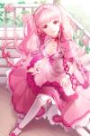  bow braid breasts collarbone dress flower frilled_dress frills gloves hair_ribbon hairband long_hair lowres mary_janes open_mouth pink_hair red_hair redhead ribbon rose shoes sitting smile sword_girls thigh-highs thighhighs twin_braids very_long_hair white_legwear 