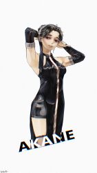  1girl absurdres armpits bang_dream! bang_dream!_it's_mygo!!!!! black_dress black_eyes black_gloves black_thighhighs character_name closed_mouth commentary dress drumsticks elbow_gloves gloves highres holding holding_drumsticks looking_at_viewer photo-referenced real_life rraiden2_(szsv8382) short_hair simple_background solo thigh-highs voice_actor_connection white_background yonezawa_akane yuutenji_nyamu yuutenji_nyamu_(exitus) 