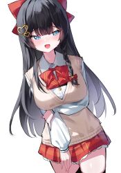  1girl :d absurdres arm_under_breasts black_hair black_thighhighs blue_eyes blunt_bangs blush bow bowtie braid breasts brown_sweater_vest collared_shirt commentary cowboy_shot dress_shirt frilled_skirt frills hair_between_eyes hair_bow hair_ornament hairclip hand_on_own_thigh heart heart_hair_ornament highres honi_(honi1010) large_breasts long_hair long_sleeves looking_at_viewer miniskirt nose_blush open_mouth plaid_clothes plaid_skirt pleated_skirt puffy_long_sleeves puffy_sleeves red_bow red_bowtie red_skirt school_uniform shirayuki_hina shirt side_braid sidelocks simple_background single_braid skirt smile solo standing stellive sweater_vest thigh-highs thighs very_long_hair vest virtual_youtuber white_background white_shirt zettai_ryouiki 