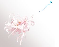  1girl absurdres arcaea arm_up bare_shoulders boots bow breasts closed_mouth detached_sleeves dress fish floating floating_hair flower frilled_dress frilled_sleeves frills from_side full_body gradient_background grey_background hair_ornament high_heel_boots high_heels highres hikari_(arcaea) hikari_(fracture)_(arcaea) honi_(honi1010) long_hair long_sleeves looking_to_the_side looking_up outstretched_arm pink_flower pink_rose reaching red_eyes rose short_dress simple_background sleeveless sleeveless_dress solo strapless strapless_dress sword thigh_boots very_long_hair weapon white_background white_dress white_hair wide_sleeves wings 