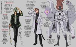  2boys aizen_sousuke aizen_sousuke_(final_fusion) artist_name benihime_(shikai) black_sweater bleach blonde_hair brown_eyes bucket_hat cane character_profile coat crossover english_text entomaggedon evil_smile extra_arms extra_mouth floating_hair full_body hand_in_another's_pocket hand_in_own_hair hand_on_headwear hat highres jewelry jujutsu_kaisen long_hair looking_at_viewer monster_boy multiple_boys necklace ofuda open_clothes open_coat own_hands_together short_hair smile stomach_mouth sweater sword teeth third_eye turtleneck turtleneck_sweater urahara_kisuke weapon white_coat wings 