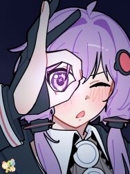  1girl absurdres ahoge black_gloves blue_background blush commentary_request double-parted_bangs gloves grey_shirt hair_between_eyes hair_intakes highres hinohari_(user_wzxk7585) looking_at_viewer ok_sign ok_sign_over_eye one_eye_closed open_mouth partially_fingerless_gloves portrait purple_hair shirt short_hair_with_long_locks simple_background solo violet_eyes vocaloid voiceroid yuzuki_yukari 