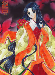  1girl artist_name black_hair camellia color_ink_(medium) curtained_hair feet_out_of_frame floral_print floral_print_kimono flower hakama hakama_skirt holding holding_flower japanese_clothes kimono layered_kimono long_hair looking_at_flowers miko open_mouth original parted_lips print_kimono red_flower red_hakama skirt smile solo standing suzumame traditional_media very_long_hair white_kimono yellow_kimono 