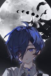  1boy absurdres bird blue_eyes blue_hair chinese_commentary commentary_request daytimefirework evoker expressionless full_moon hair_over_one_eye highres looking_at_viewer male_focus moon moon_phases night official_alternate_costume parted_lips persona persona_3 short_hair sky solo upper_body yuuki_makoto_(in_witness_of_glory)_(persona_3) yuuki_makoto_(persona_3) 