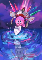  absurdres blush_stickers colored_skin commentary_request different_reflection dragoon_(kirby) highres hot_p0ka kirby kirby_(series) kirby_air_ride no_humans pink_skin reflection reflective_liquid shadow_kirby sparkle 