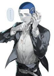  2boys belt blue_eyes blue_hair cellphone closed_mouth commentary_request dirty dirty_clothes dirty_face dress_shirt get3 highres jacket male_focus multiple_boys open_clothes open_jacket pants phone scar scar_on_face scar_on_mouth shaved_head shiba_hakkai shirt simple_background smartphone talking_on_phone tokyo_revengers upper_body white_background 
