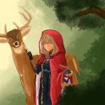  basket blonde_hair blue_eyes deer fingerless_gloves front_ponytail gloves grimm&#039;s_fairy_tales grimm's_fairy_tales highres hood little_red_riding_hood little_red_riding_hood_(grimm) long_hair pandaga 