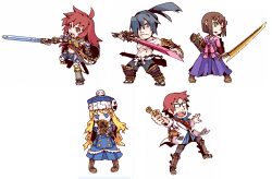  2boys 3girls aiming aiming_at_viewer armor bag blue_coat blue_eyes brown_hair bushidou_(sekaiju) bushidou_1_(sekaiju) bushidou_4_(sekaiju) character_hat_ornament chibi chibi_only closed_mouth coat commentary_request full_body fur-trimmed_coat fur-trimmed_headwear fur_trim glasses greaves green_eyes gun gunner_(sekaiju) gunner_2_(sekaiju) hair_over_one_eye hakama hakama_skirt high_ponytail holding holding_gun holding_sword holding_test_tube holding_weapon jack_frost_(megami_tensei) japanese_armor japanese_clothes kimono kote long_hair looking_at_viewer medic_(sekaiju) medic_1_(sekaiju) midriff multiple_boys multiple_girls navel one_eye_covered open_clothes open_coat open_mouth pectorals pink_kimono pom_pom_(clothes) ponytail purple_hakama red_hair scar sekaiju_no_meikyuu sekaiju_no_meikyuu_2 shield short_hair shoulder_bag simple_background skirt smile spiky_hair standing sword swordsman_(sekaiju) swordsman_2_(sekaiju) takujin test_tube v-shaped_eyebrows weapon white_background white_coat 