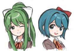  2girls 482egg alternate_hair_color blazer blue_eyes blue_hair bow cropped_torso doki_doki_literature_club doki_doki_literature_club_school_uniform green_eyes green_hair grey_jacket hair_bow jacket monika_(doki_doki_literature_club) multiple_girls neck_ribbon one_eye_closed open_mouth ponytail red_bow ribbon sayori_(doki_doki_literature_club) school_uniform short_hair sketch smile tareme white_background white_bow 