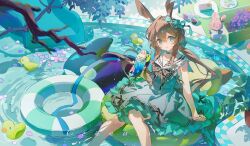 1girl absurdres alternate_costume amiya_(arknights) animal_ears arknights black_ribbon blue_eyes branch brown_hair caoxin46104 chinese_commentary choshanland_plushy_(arknights) cocktail_glass collared_dress commentary_request commission cup day dress dress_ribbon drink drinking_glass feet_out_of_frame food frilled_dress frills grey_dress hair_between_eyes highres holding holding_cup holding_drink inflatable_orca inflatable_toy innertube long_hair looking_at_viewer outdoors petals plant plate ponytail pool potted_plant rabbit_ears rabbit_girl ribbon rubber_duck sitting sitting_on_water sleeveless sleeveless_dress solo stuffed_animal stuffed_rabbit stuffed_toy sunglasses swim_ring water 