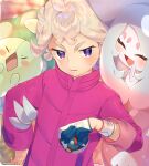  1boy absurdres ahoge bangs bede_(pokemon) blonde_hair blush coat commentary_request curly_hair dynamax_band gloves great_ball hand_on_hip hand_up hatterene highres holding holding_poke_ball male_focus poke_ball pokemon pokemon_(game) pokemon_swsh purple_coat reuniclus short_hair single_glove sleeves_rolled_up sweatdrop violet_eyes yupiteru 