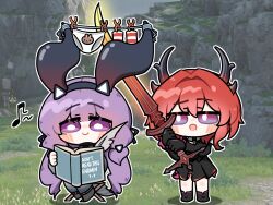  2girls animal_print arknights arknights:_endfield black_dress book chair chibi chibi_only closed_mouth clothesline commentary dress english_commentary full_body game_screenshot_background highres holding holding_book holding_quill holding_sword holding_weapon laevatain_(arknights) large_horns long_hair looking_at_another low_twintails multiple_girls on_chair open_book outdoors panties print_panties quill rabbit_print rabbit_print_panties red_hair reynamadrista screenshot_background sitting smile surtr_(arknights) sword twintails typhoeus_(arknights) typhon_(arknights) underwear violet_eyes weapon white_panties writing 