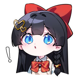  ! 1girl :o absurdres black_hair blue_eyes blush bow bowtie braid brown_sweater_vest chibi chibi_only collared_shirt commentary hair_bow hair_ornament hairclip heart heart_hair_ornament highres honi_(honi1010) long_hair looking_at_viewer open_mouth red_bow red_bowtie school_uniform shirayuki_hina shirt side_braid simple_background solo stellive striped_clothes sweater_vest upper_body vest virtual_youtuber white_background white_shirt 