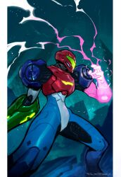  1girl absurdres arm_cannon armor assault_visor full_armor glowing_arm green_visor helmet highres maniwarren metroid metroid_ravenous multicolored_armor normal_suit_(metroid) power_armor power_suit_(metroid) red_helmet samus_aran signature weapon 