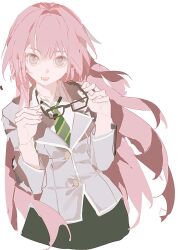  1girl :d bang_dream! bang_dream!_it's_mygo!!!!! blazer caomei_xing_quqi chihaya_anon collared_shirt cowboy_shot fang glasses green_necktie green_skirt grey_eyes grey_jacket hands_up haneoka_school_uniform holding holding_removed_eyewear jacket long_hair long_sleeves looking_at_viewer necktie open_mouth pink_hair school_uniform shirt sidelocks simple_background skirt smile solo striped_clothes striped_necktie unworn_eyewear white_background white_shirt winter_uniform 