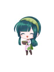  1girl :d ^_^ absurdres apron basket black_pantyhose blunt_bangs blunt_sidelocks blush_stickers brown_shoes chibi chibi_only closed_eyes edomura_niniko full_body green_hair green_hairband green_skirt hairband highres holding holding_basket long_hair long_sleeves official_art open_mouth pantyhose pink_apron pleated_skirt second-party_source shirt shoes sidelocks simple_background skirt smile solo standing touhoku_zunko transparent_background voiceroid white_shirt 