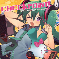  >_o 1girl @_(symbol) ahoge album_cover album_name aqua_eyes aqua_hair aqua_necktie artist_name bare_shoulders black_skirt bow can character_name computer controller cover creature drink_can english_commentary fang food game_console game_controller grey_shirt hatsune_miku highres laptop light_blush long_hair looking_at_viewer necktie official_art one_eye_closed open_mouth orange_background outline pink_bow pleated_skirt pocky sawtowne shirt skin_fang skirt sleeveless sleeveless_shirt sparkle spring_onion symbol-shaped_pupils tie_clip twintails video_game violet_eyes vocaloid white_outline wii wii_remote 