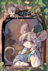  1girl ahoge animal animal_ear_fluff animal_ears arm_rest blue_capelet bright_pupils capelet closed_mouth commentary_request elbow_rest flower grey_hair head_rest highres jewelry leaf leaning_out_of_window long_sleeves looking_at_animal looking_up mame_komari mouse_(animal) mouse_ears mouse_girl mouse_tail mouth_hold nazrin neck_ribbon pendant red_eyes ribbon short_eyebrows short_hair sketch smile solo sunlight tail tail_raised thick_eyebrows touhou unfinished upper_body white_flower white_pupils window wing_collar yellow_ribbon 