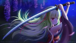  1girl absurdres arms_up back_bow bare_shoulders black_kimono blunt_bangs blush bow breasts commentary_request cowboy_shot dated eyes_visible_through_hair falling_petals floating_hair flower from_behind green_hair hair_ribbon highres holding holding_sword holding_weapon japanese_clothes katana kimono long_hair long_ribbon long_sleeves looking_at_viewer looking_back murasame_(senren) night open_mouth outdoors petals pom_pom_(clothes) purple_flower red_bow red_eyes red_ribbon red_sash ribbon sash senren_banka sidelighting sidelocks small_breasts solo sword two_side_up user_vjwa2533 very_long_hair weapon wide_sleeves wisteria 