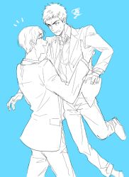  2boys bad_id bad_tumblr_id blue_background clenched_teeth collared_shirt dress_shoes eye_contact greyscale_with_colored_background jacket kasamatsu_yukio kise_ryouta kuroko_no_basuke lapels layered_sleeves long_sleeves looking_at_another male_focus multiple_boys necktie nervous_sweating notched_lapels notice_lines onegingek open_mouth pants school_uniform shirt shoes short_hair sketch smile squiggle suit_jacket sweat teeth very_short_hair wing_collar 