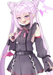  1girl :d absurdres arm_at_side bare_shoulders black_shirt blue_archive blush bow bow-shaped_hair brooch cellphone center_frills collared_shirt commentary cone_hair_bun cowboy_shot demon_girl demon_wings detached_sleeves double_bun eyelashes fang frilled_shirt frills hair_between_eyes hair_bow hair_bun hair_ornament hairclip halo hand_up heart heart_brooch heart_hair_ornament highres holding holding_phone jewelry jirai_kei karen_(blue_archive) long_hair long_sleeves looking_at_viewer low_wings matudo_yuu miniskirt multicolored_nails nail_polish neck_ribbon open_mouth parallel_hairclips phone pink_nails pink_ribbon pleated_skirt pointy_ears purple_hair purple_halo red_nails ribbon shirt sidelocks simple_background single_wing skirt sleeveless sleeveless_shirt smartphone smile solo teeth tongue tongue_out tsurime twintails upper_teeth_only very_long_hair violet_eyes white_background white_bow wings 