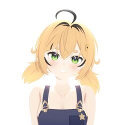  1girl ahoge bare_arms bare_shoulders black_sports_bra blonde_hair blue_overalls blush dooby dooby_(1st_costume) green_eyes highres indie_virtual_youtuber lagr6 looking_at_viewer multicolored_hair no_shirt overalls short_hair sports_bra star_(symbol) streaked_hair twintails virtual_youtuber whistle white_background 