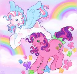 2girls absurdres animal_ears blue_background blue_butterfly blue_eyes blue_hair blue_ribbon blue_wings bug butterfly clouds cutie_mark facial_mark flying gradient_background green_butterfly green_eyes green_ribbon heart heart_facial_mark highres horse_ears horse_tail mane medium_hair multicolored_hair multiple_girls my_little_pony my_little_pony_(g3) mysthooves orange_butterfly pegasus pink_background pink_butterfly pink_fur pink_streaks pony_(animal) purple_hair rainbow ribbon skywishes star_catcher streaked_hair tail tail_ornament tail_ribbon white_fur white_streaks wings yellow_butterfly 