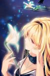  blonde_hair checkered flower glowing hairband holding jewelry lily_(flower) linia_pacifica long_hair lowres necklace outstretched_hand red_eyes reum silhouette sword_girls 