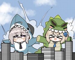  >_< 2girls :d :| absurdres ahoge animal_costume black_necktie blonde_hair blue_bow blue_necktie blush bow cheyanne_(girls'_frontline_2) chibi chibi_only city closed_mouth clouds commentary day dinosaur_costume english_commentary expressionless giant giantess girls'_frontline_2:_exilium girls_frontline grey_hair hair_bow highres hood hood_up m200_(girls'_frontline) multiple_girls necktie one_side_up outdoors outstretched_arms reynamadrista shark_costume smile spread_arms square-end_necktie teeth upper_teeth_only vepley_(girls'_frontline_2) xd 