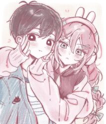  1boy 1girl animal_ear_headphones animal_ears aubrey_(birthday)_(omori) aubrey_(faraway)_(omori) aubrey_(omori) black_eyes black_hair blue_eyes blue_jacket blush braid bright_pupils cardigan closed_mouth commentary_request double-parted_bangs fake_animal_ears hair_between_eyes hair_ornament hairclip hands_on_another's_cheeks hands_on_another's_face headphones highres jacket korean_commentary long_hair low_twin_braids mewo official_alternate_costume omori open_cardigan open_clothes open_jacket parallel_hairclips pink_cardigan pink_hair rabbit_ear_headphones rabbit_ears short_hair sidelocks simple_background sunny_(birthday)_(omori) sunny_(omori) twin_braids white_pupils wktdms1 