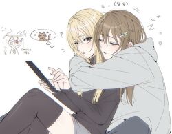  2girls ? black_sweater black_thighhighs blonde_hair brown_hair cat_hair_ornament cellphone closed_eyes closed_mouth commentary eyelashes from_side grey_hoodie grey_shorts hair_ornament highres holding holding_phone hood hood_down hoodie hug hug_from_behind korean_commentary long_hair long_sleeves multiple_girls one_one_11 original parted_lips phone pink_eyes short_shorts shorts simple_background sleeping sleeping_upright smartphone speech_bubble spoken_animal straight_hair surprise_hug surprised sweater thigh-highs thought_bubble translation_request white_background yuri zzz 