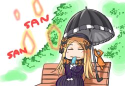  abigail_williams_(fate) abigail_williams_(first_ascension)_(fate) background_request bench black_bow black_dress black_hat black_umbrella blonde_hair bow commentary_request dress fate/grand_order fate_(series) frilled_sleeves frilled_umbrella frills hat holding holding_umbrella long_hair long_sleeves mizutani_hozumi orange_bow park_bench sitting solo_focus umbrella wooden_bench 