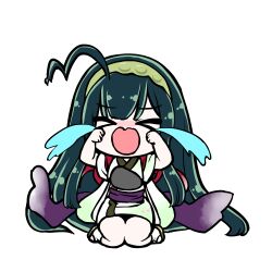  >_< 1girl absurdres ahoge chibi chibi_only closed_eyes crying edomura_niniko full_body green_hair green_hairband green_kimono hairband highres japanese_clothes kimono long_hair obi official_art okobo open_mouth platform_sandals purple_sash sandals sash second-party_source short_sleeves simple_background sitting socks solo streaming_tears tabi tears touhoku_zunko transparent_background very_long_hair voiceroid white_socks 