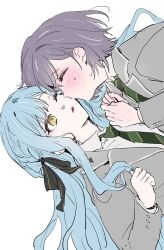  2girls absurdres bang_dream! bang_dream!_it's_mygo!!!!! black_ribbon blue_hair closed_eyes dal-gi diagonal-striped_clothes diagonal-striped_necktie green_necktie grey_hair grey_jacket hair_ribbon haneoka_school_uniform highres jacket kiss kissing_cheek long_hair multiple_girls necktie one_eye_closed ribbon school_uniform short_hair sidelocks simple_background striped_clothes striped_necktie takamatsu_tomori togawa_sakiko white_background yuri 