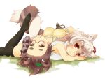  2girls :&lt; animal_ears bare_shoulders black_legwear bottle breasts brown_hair futatsuiwa_mamizou glasses intertwined_tails inubashiri_momiji leaf leaf_on_head looking_at_viewer lying mouth_hold multiple_girls pleated_skirt pocky raccoon_ears raccoon_tail red_eyes short_hair silver_hair skirt tail thigh-highs thighhighs touhou wolf_ears wolf_tail 