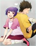  1girl back-to-back brown_hair closed_eyes eyes_closed furuya_kota furuya_kouta ginga_e_kickoff!! heart long_hair purple_eyes purple_hair saionji_reika saionji_reika_(ginga_e_kickoff!!) short_hair shorts smile sportswear violet_eyes wakaya_hana 