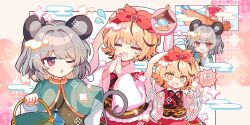  !? ... 2girls @_@ animal_ears animal_print bishamonten's_pagoda black_ribbon black_skirt black_streaks black_vest blonde_hair blue_capelet capelet closed_eyes game_asset grey_hair highres holding jewelry long_sleeves motion_lines mouse_ears mouse_girl mouse_tail multicolored_hair multiple_girls nazrin neck_ribbon necklace official_art open_mouth palanquin_ship palms_together pendant red_eyes red_vest ribbon ship shirocha_tei shirt skirt spoken_ellipsis spoken_interrobang spoken_object streaked_hair sweat tail third-party_source tiger_print toramaru_shou touhou touhou_lostword translation_request vest watercraft white_shirt wide_sleeves yellow_eyes 
