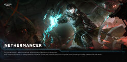  2boys black_gloves black_hair black_pants black_shirt blue_fire braid commentary elbow_gloves english_commentary english_text fire gloves green_eyes hair_between_eyes heterochromia highres holding holding_lantern holding_staff jingran_(wuthering_waves) lantern logo long_hair multiple_boys official_art pants parted_lips people shirt smile solo_focus staff wuthering_waves yellow_eyes 
