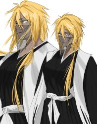  1girl alternate_universe black_hakama bleach blonde_hair cuxmah dark-skinned_female dark_skin facial_mark green_eyes hair_between_eyes hakama haori highres japanese_clothes long_hair mouth_veil shihakusho taichou_haori tier_harribel veil 