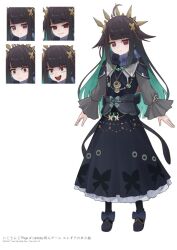  1girl :d ahoge animal_print aqua_hair black_dress black_hair black_shoes blue_bow bow butterfly_hair_ornament butterfly_print clip_studio_paint_(medium) closed_mouth colored_inner_hair commentary_request dated doidamon dress elegia_(page_of_lambda) flat_chest footwear_bow frilled_sleeves frills frown full_body gold_headdress gold_necklace grey_sleeves grin hair_ornament jewelry long_dress long_hair long_sidelocks long_sleeves looking_at_viewer multicolored_hair multiple_expressions multiple_views necklace nijisanji open_mouth page_of_lambda print_dress red_eyes second-party_source shoes sidelocks smile smug standing tachi-e translation_request two-tone_hair very_long_hair 