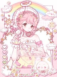  1girl :o =_= ahoge angel angel_wings animal arrow_(projectile) bird bonnet border bow bowtie brown_eyes cat chinese_commentary choker cloak clothed_animal clouds color_guide commentary_request commission cowboy_shot curious daodangou detached_sleeves dot_nose dove ear_covers eyelashes fake_halo fake_wings flower flower_hairband frilled_choker frilled_headwear frilled_shirt frills fur_halo gilded_dreamsong_(infinity_nikki) gradient_border hairband halftone halftone_background halftone_border halo happy hat hat_bow heart heart_arrow heart_choker heart_wand highres holding holding_wand hood hood_up hooded_cloak infinity_nikki leaf light_blush momo_(heart_arrow)_(infinity_nikki) momo_(nikki) nikki_(nikki) nikki_(series) notice_lines official_alternate_costume outline parted_lips pink_border pink_bow pink_bowtie pink_flower pink_hair plant rainbow ribbon-trimmed_shirt ribbon_trim sample_watermark see-through_clothes see-through_sleeves shirt short_hair sidelocks single_stripe sleeve_bow sparkle standing star_wand strapless strapless_shirt striped_bow striped_bowtie striped_clothes studded_choker studded_hairband studs tareme two-tone_border two-tone_wrist_cuffs vines waist_bow wand watermark wavy_hair whiskers white_background white_bonnet white_border white_bow white_cat white_choker white_cloak white_flower white_hairband white_halo white_outline white_sleeves white_wings white_wrist_cuffs winged_wand wings wrist_cuffs x_navel yellow_flower yellow_shirt yellow_wrist_cuffs 