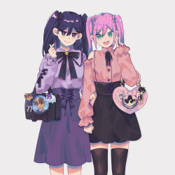  2boys alternate_costume alternate_hair_length_(shorter) alternate_hairstyle aubrey_(faraway)_(omori) aubrey_(omori) bag bilingual_commentary black_bag black_eyes black_hair black_skirt black_thighhighs blue_eyes blush bright_pupils closed_mouth commentary double-parted_bangs english_commentary finger_heart grey_background hair_behind_ear hair_between_eyes handbag hero_(faraway)_(omori) hero_(omori) highres long_hair long_sleeves looking_at_viewer mari_(faraway)_(omori) mari_(omori) maromichan mixed-language_commentary multiple_boys omori open_mouth pink_bag pink_hair pink_nails purple_nails purple_skirt short_twintails sidelocks simple_background skirt smile sunny_(omori) teeth thigh-highs twintails upper_teeth_only white_pupils 