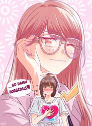  1girl 1other akiyama_mizuki alt_text bespectacled bloom_festival_(project_sekai) blush brown_eyes brown_hair commentary ear_piercing english_text glasses hand_on_own_chest heart highres kesoyen long_hair looking_at_another looking_at_viewer lovestruck nose_blush official_alternate_costume official_alternate_hairstyle one_eye_closed other_focus other_with_female outline piercing pink_eyes pink_hair ponytail project_sekai shinonome_ena shirt short_sleeves sidelocks speech_bubble thought_bubble upper_body white_outline zozotown 