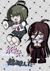  2girls ahoge blue_sailor_collar blue_socks blush chibi chibi_only closed_mouth collared_shirt danganronpa_(series) danganronpa_another_episode:_ultra_despair_girls dot_nose drop_shadow eyelashes fukawa_toko full_body glasses green_eyes green_hair grey_background grid_background hair_between_eyes highres holding holding_megaphone long_hair long_sleeves megaphone mole mole_under_mouth mu_sanso multiple_girls naegi_komaru neckerchief necktie open_mouth purple_hair purple_serafuku purple_shirt purple_shoes purple_skirt red_neckerchief red_necktie round_eyewear sailor_collar school_uniform serafuku shirt shoes short_hair skirt skirt_set socks teeth translation_request upper_teeth_only very_long_hair violet_eyes white_sailor_collar white_shirt white_shoes 