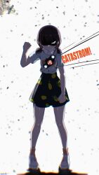 1girl absurdres anger_vein black_skirt commentary dust food_print fruit_print girls_band_cry hand_up highres iseri_nina kamen_rider kamen_rider_zeztz_(series) kamen_rider_zeztz_catastrom lemon_print looking_at_viewer low_twintails rraiden2_(szsv8382) shirt short_hair short_sleeves short_twintails simple_background skirt solo twintails white_background white_shirt 