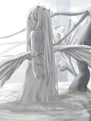  1girl acacia84847 angel_wings back bare_arms bare_shoulders bare_tree barefoot bloom_festival_(project_sekai) closed_mouth clothing_cutout crying crying_with_eyes_open dress hair_between_eyes highres long_hair long_hair_between_eyes looking_at_viewer looking_back official_alternate_costume official_alternate_hairstyle project_sekai sleeveless sleeveless_dress solo straight_hair tears tree water white_background white_dress wings 