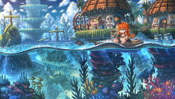  1boy air_bubble binoculars blue_eyes boat bubble check_commentary clownfish commentary_request concept_art coral coral_reef dark_skin dog fish fishing fishing_rod highres holding holding_binoculars holding_fishing_rod houseboat in_container in_jar jar marina mature_female mixed-language_commentary multiple_girls nagi_itsuki ocean original pointy_ears red_hair scenery school_of_fish sea_anemone seafloor ship shipwreck submerged swimming tropical_fish underwater watercraft 
